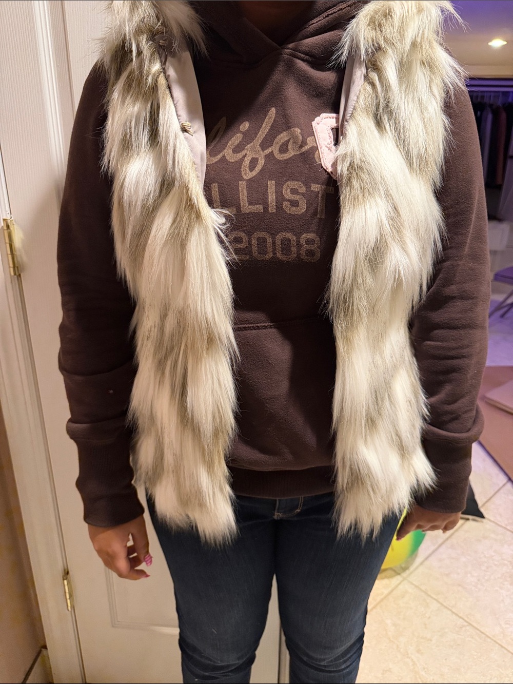 White House Black Market Cream & Light Gray Faux Fur Hooded Vest